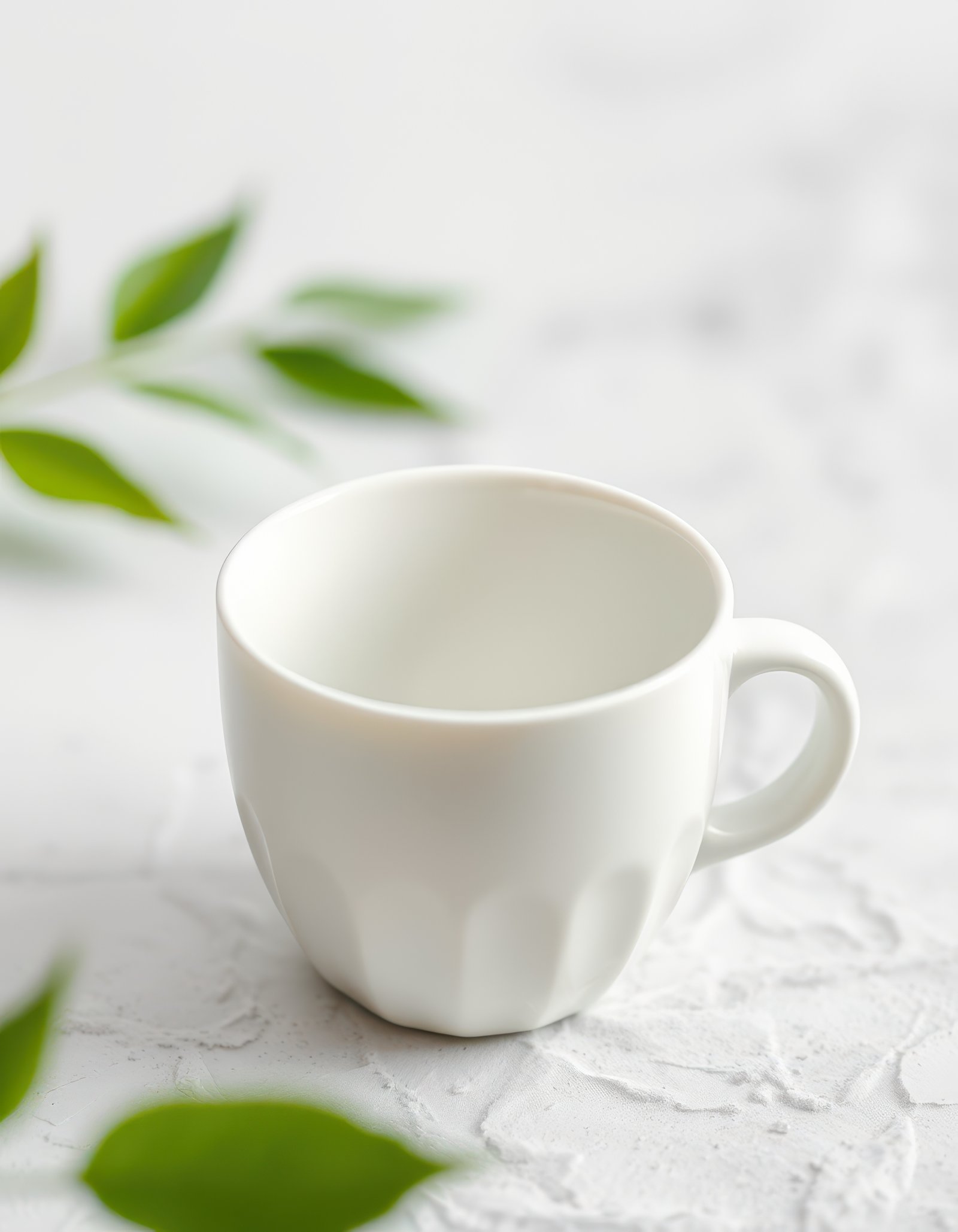 White ceramic cup placed on a light textured surface surrounded by green leaves